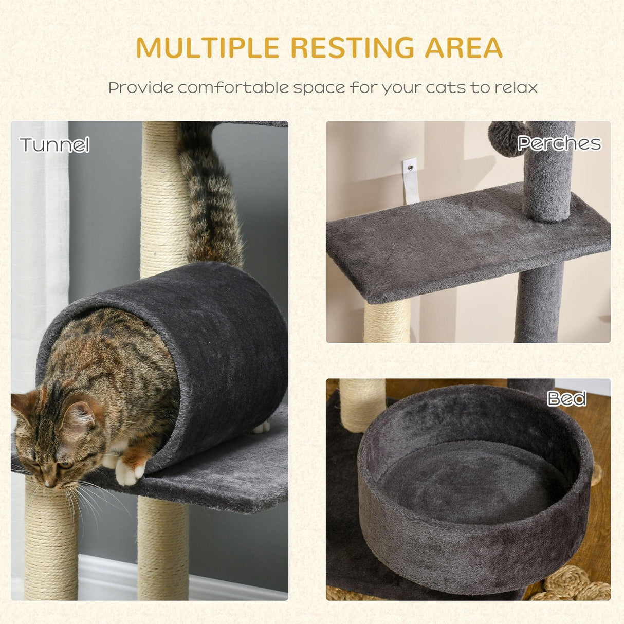 Multifunctional Cat Tree - Bed, Tunnel, Perch, Toy, 121cm - Dark Grey - Cat Trees - Purr Wish