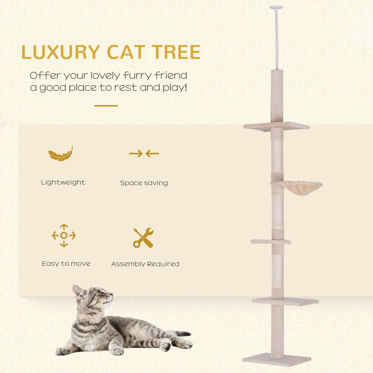 Adjustable Floor to Ceiling Cat Tree, 230-260cm, Beige - Cat Trees - Purr Wish
