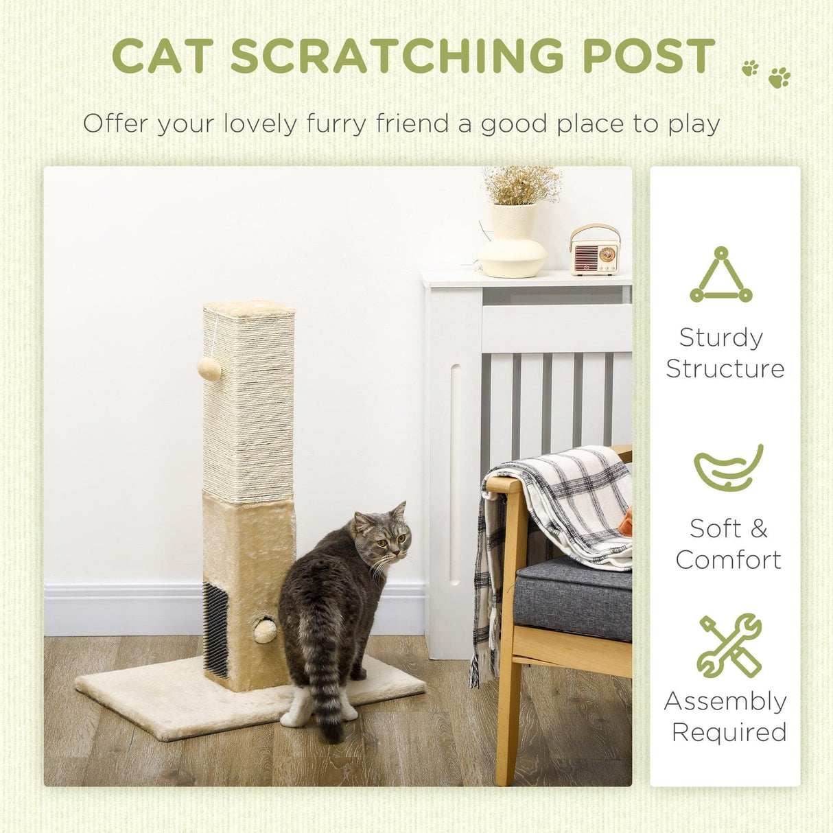 Jute Cat Scratching Post w/ Hanging Toy, 79Hcm - Beige - Cat Scratchers - Purr Wish