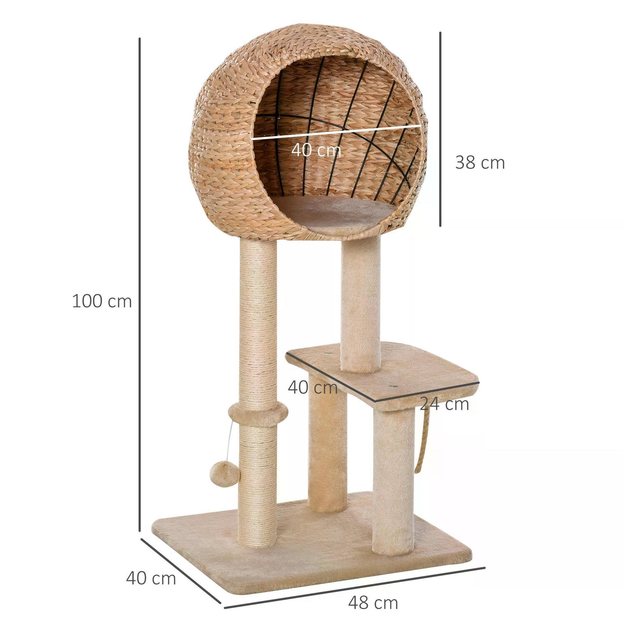 Cat Tower with Perch and Teasing Rope Toy, 100cm - Beige - Cat Trees - Purr Wish