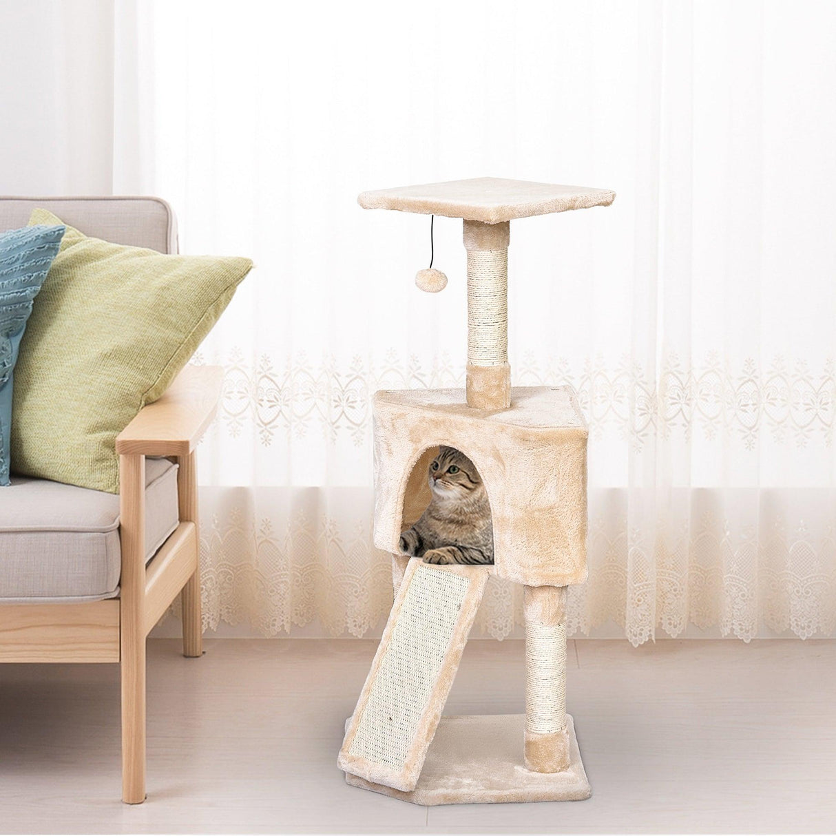 Corner Cat Tower w/ Sisal Rope Scratching Post - Beige - Cat Trees - Purr Wish