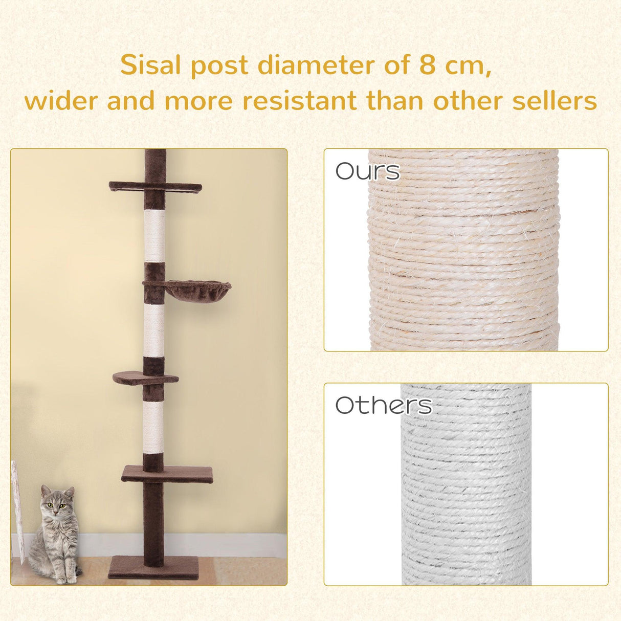 5-Tier Floor to Ceiling Cat Tree, Adjustable Height, Brown - Cat Trees - Purr Wish