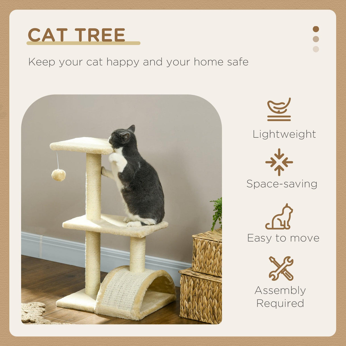 Compact Cat Tree with Scratching Post & Pad, 72cm - Cream White - Cat Trees - Purr Wish