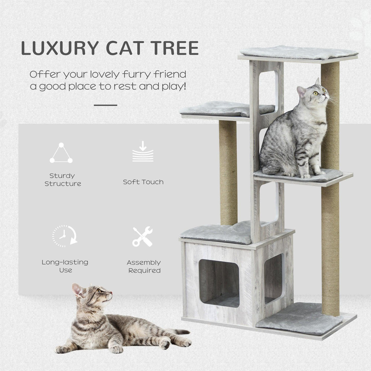 Cat Tower Condo with Jute Scratching Post, 114cm - Grey - Cat Trees - Purr Wish