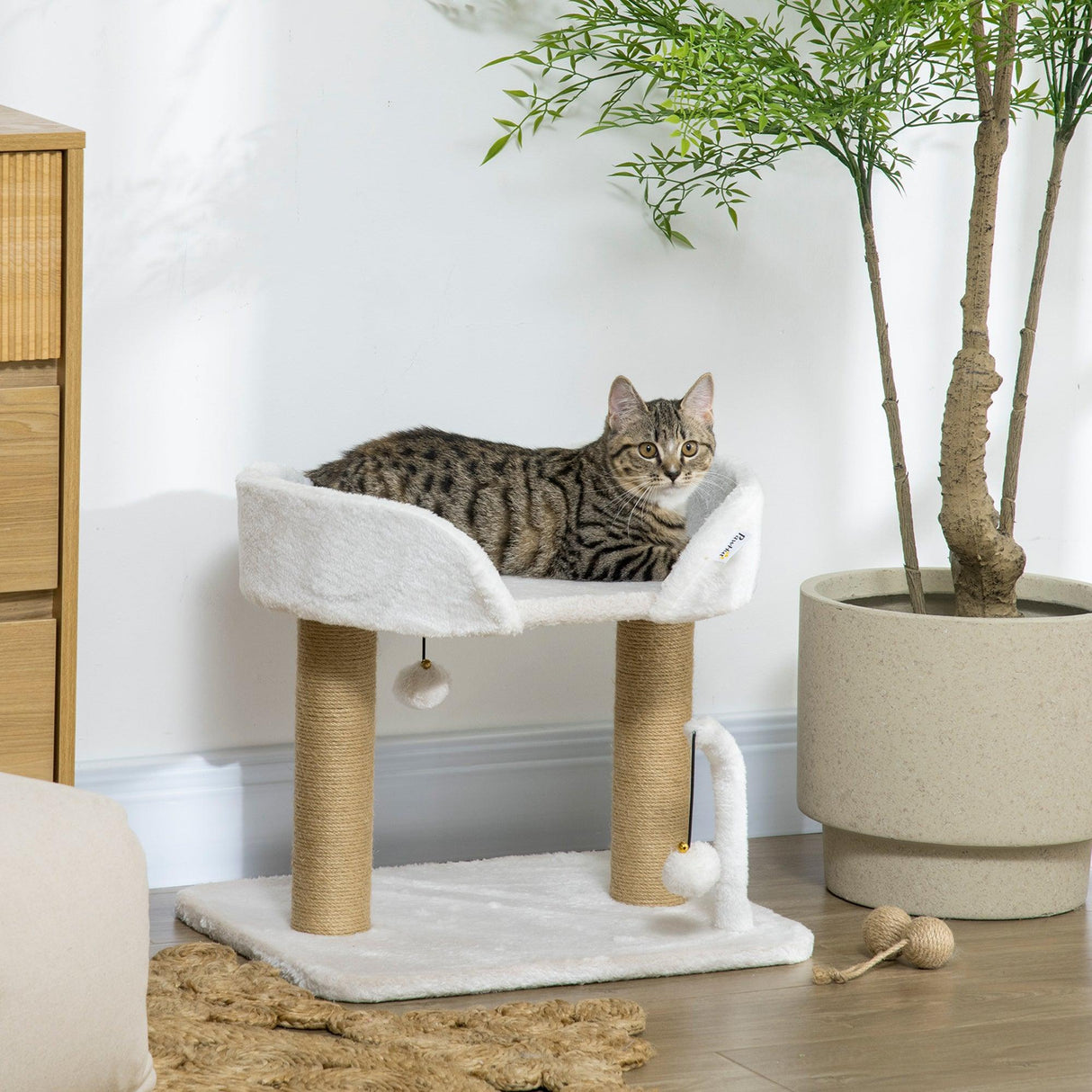 Small Cat Tree with Sisal Scratching Post & Bed, 42cm - White - Cat Trees - Purr Wish