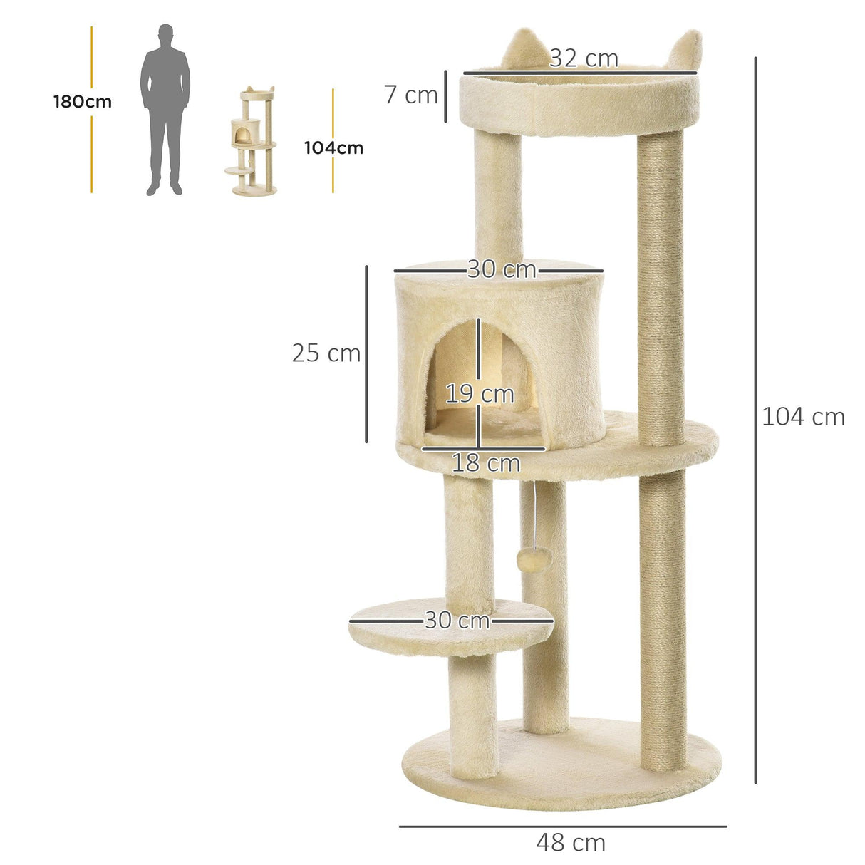 Deluxe Cat Tower, Scratching Posts, Condo, Ball Toy, 104cm - Beige - Cat Trees - Purr Wish