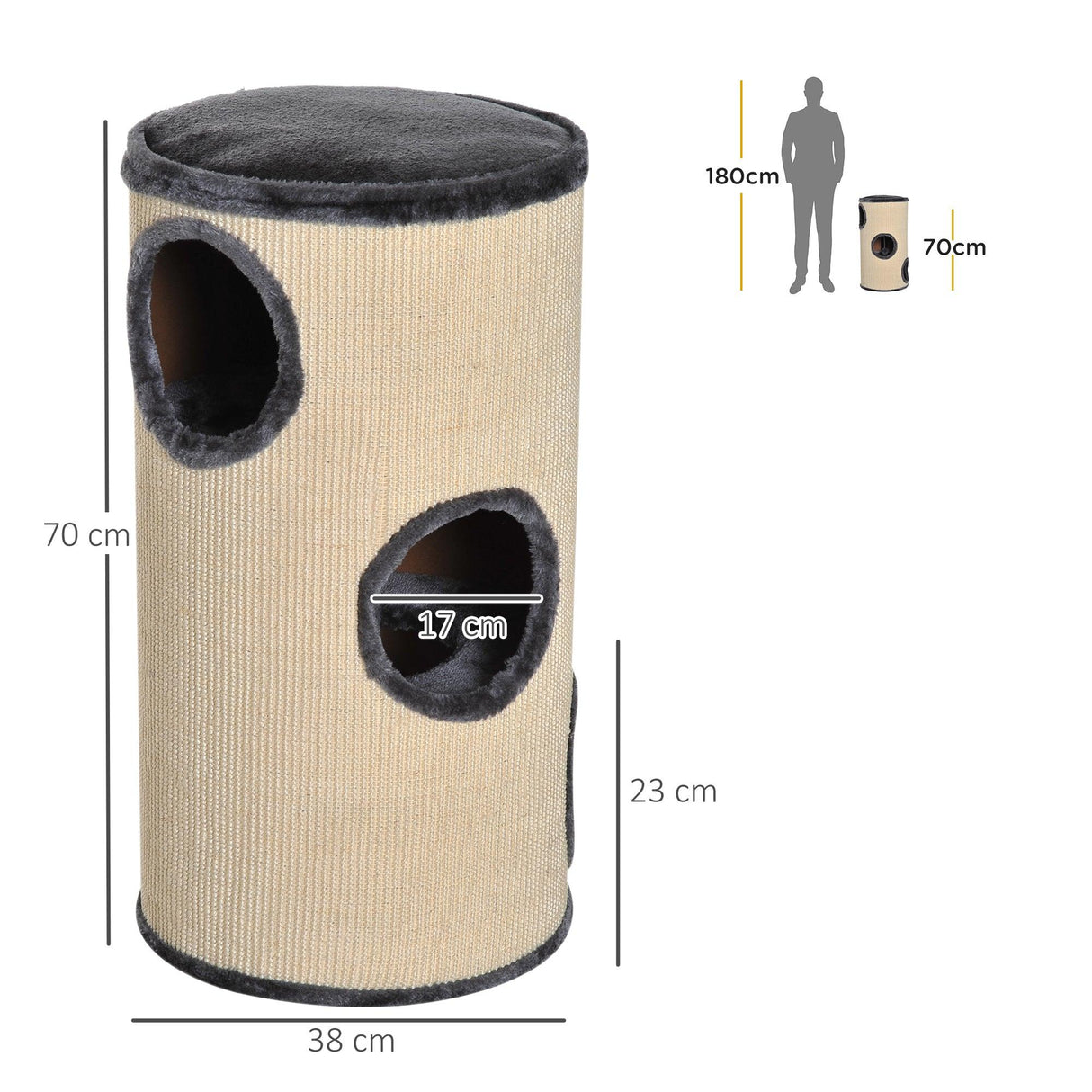 Plush Cat Tree Barrel Scratcher, 70h-cm - Beige/Grey - Cat Trees - Purr Wish