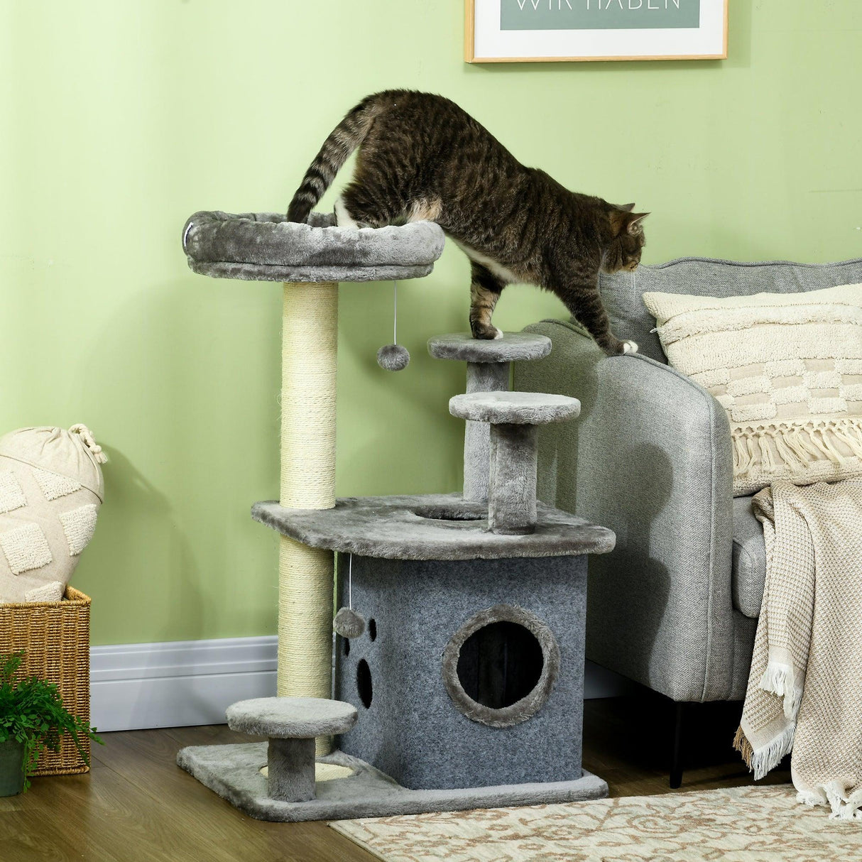 Cat Tower with Scratching Posts, Bed, House, 92cm - Grey - Cat Trees - Purr Wish