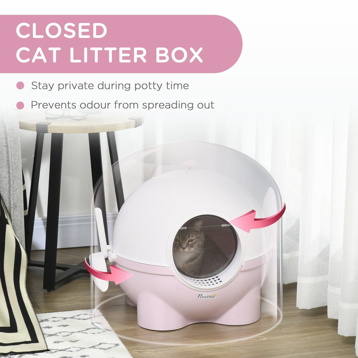 Enclosed Cat Litter Box with Lid, Scoop, Front Entrance - Pink - Cat Litter Trays - Purr Wish