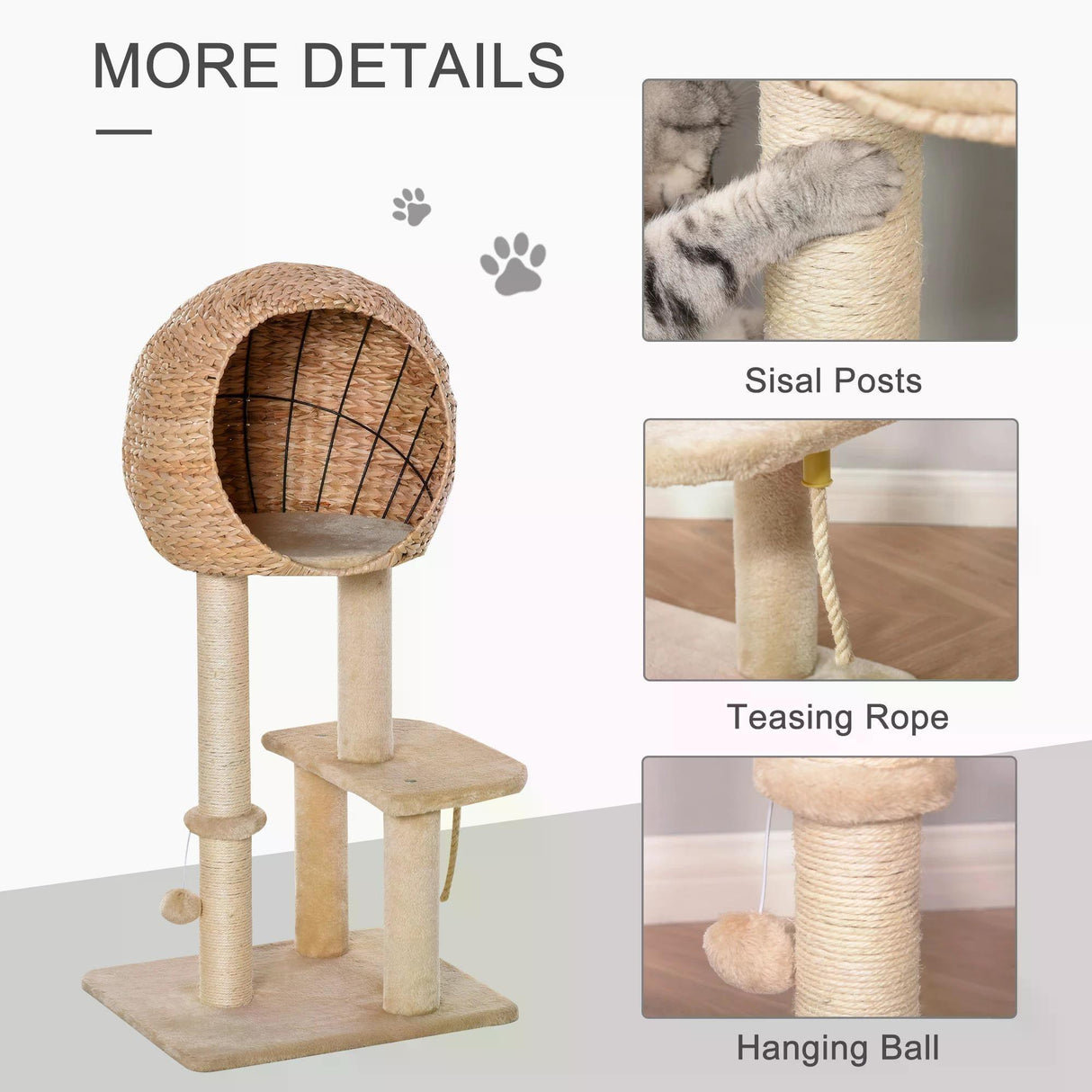 Cat Tower with Perch and Teasing Rope Toy, 100cm - Beige - Cat Trees - Purr Wish