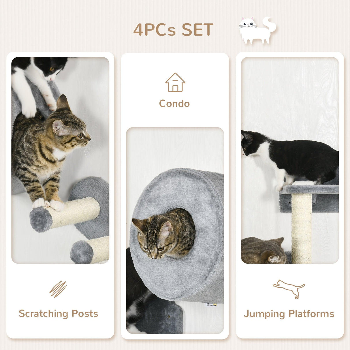 4-Piece Wall-Mounted Cat Tree Furniture with Platforms, Steps, Scratching Post, Grey - Cat Walls - Purr Wish