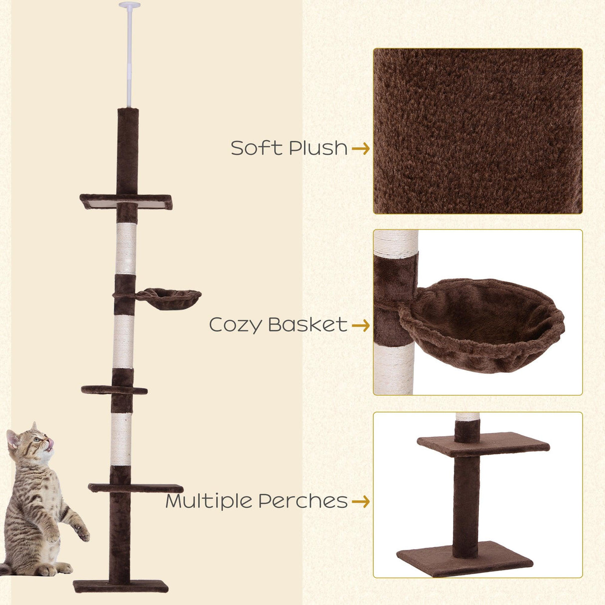 5-Tier Floor to Ceiling Cat Tree, Adjustable Height, Brown - Cat Trees - Purr Wish