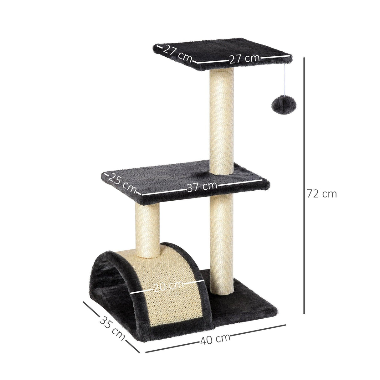 Cat Tower with Scratching Post Pad and Hanging Ball, 72cm - Black - Cat Trees - Purr Wish