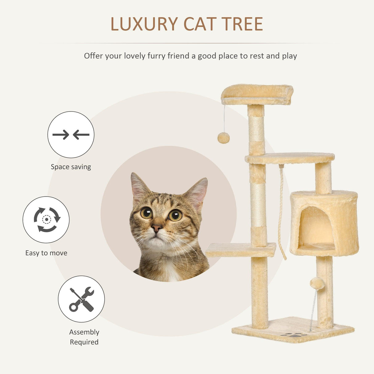 Multi-Level Cat Tree House, 114cm - Beige - Cat Trees - Purr Wish
