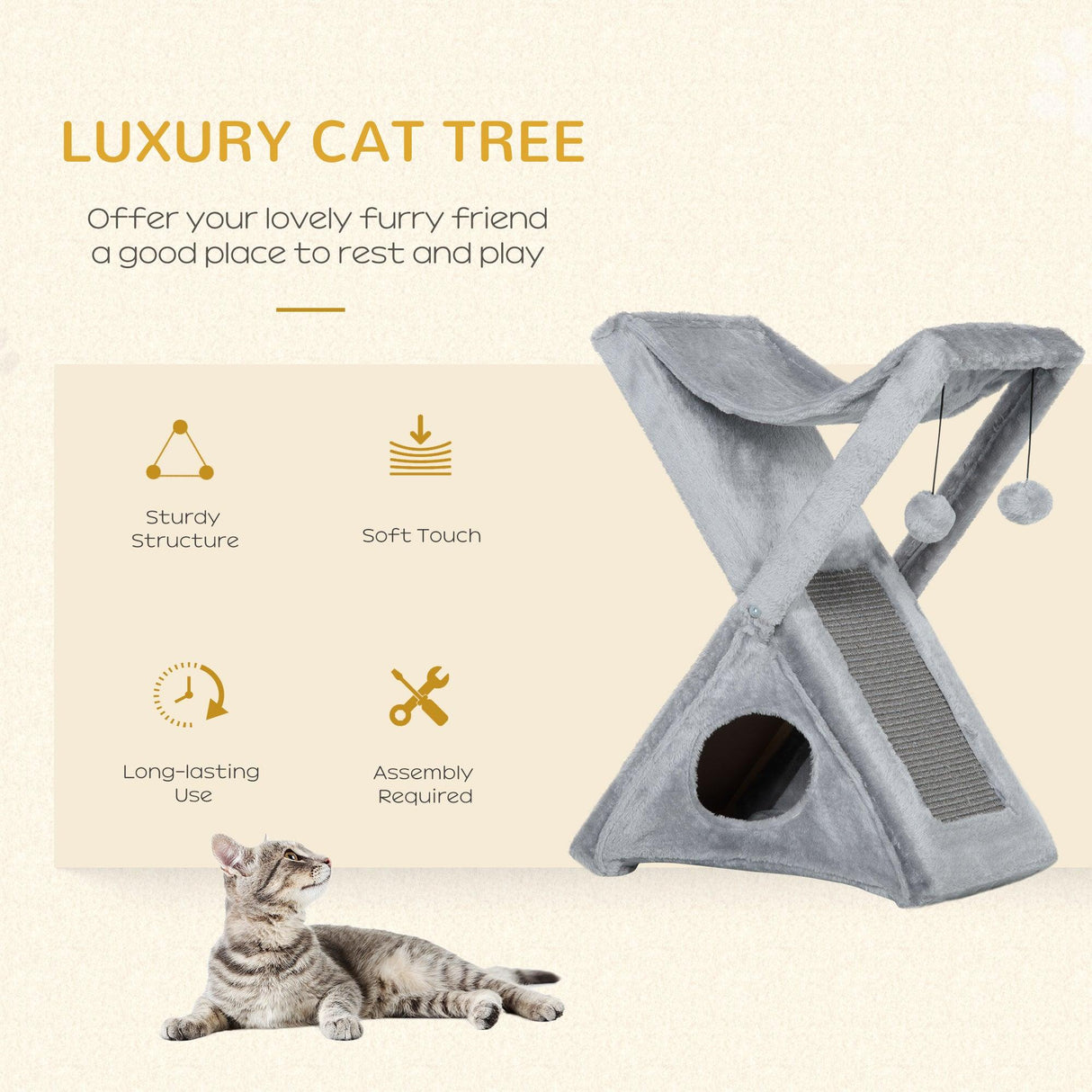 Two-Level Cat Tree Tower, 65cm - Grey - Cat Trees - Purr Wish