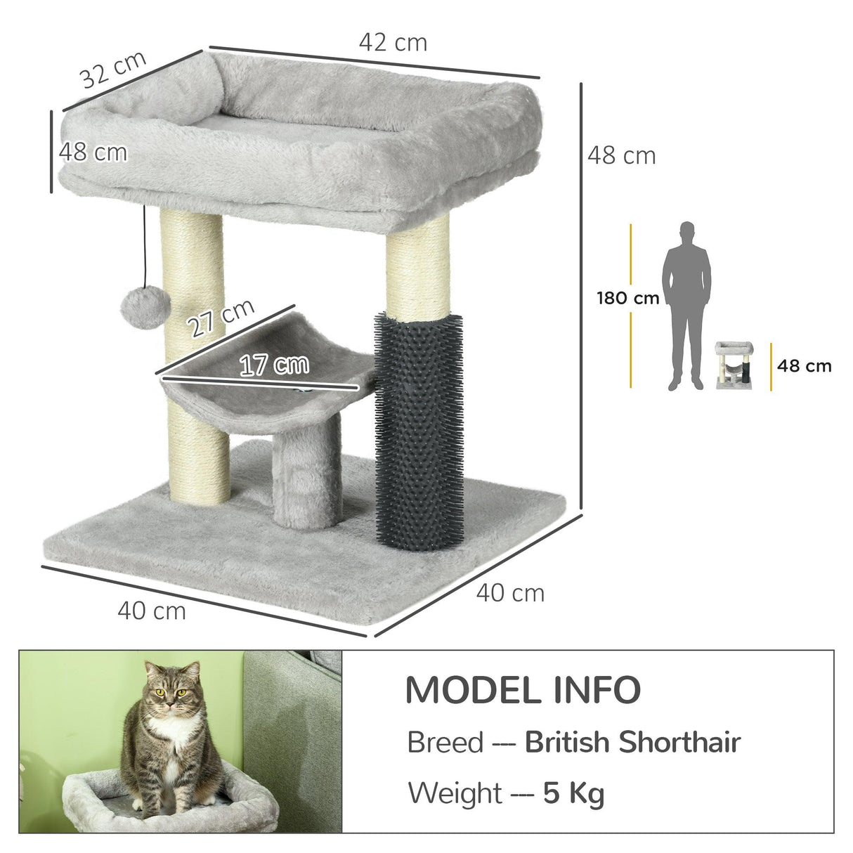 Cat Tree Tower with Self Groomer, Scratching Post, 48cm - Grey - Cat Trees - Purr Wish