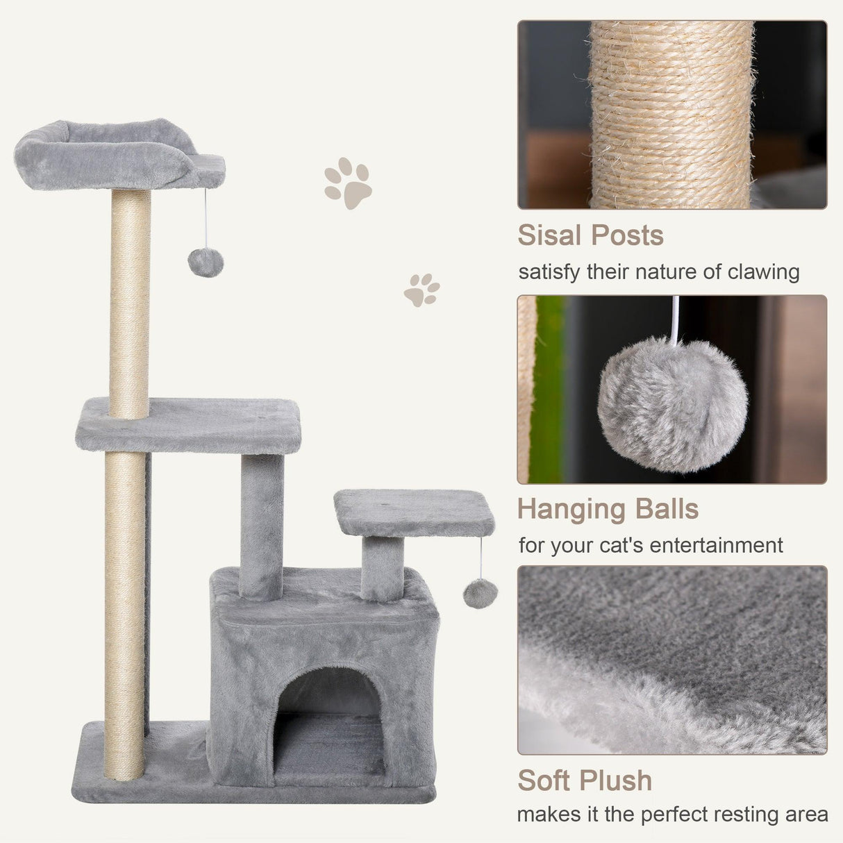 Cat Tower with Perch and Hanging Ball Toy, 114cm - Grey - Cat Trees - Purr Wish