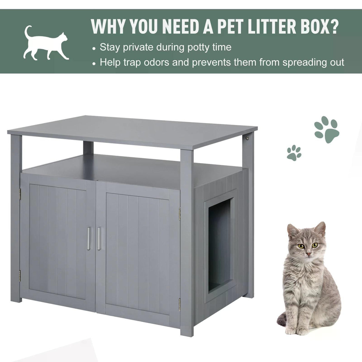 Cat Litter Box Enclosure Nightstand 66H x 76L x 51Wcm - Grey - Cat Litter Trays - Purr Wish