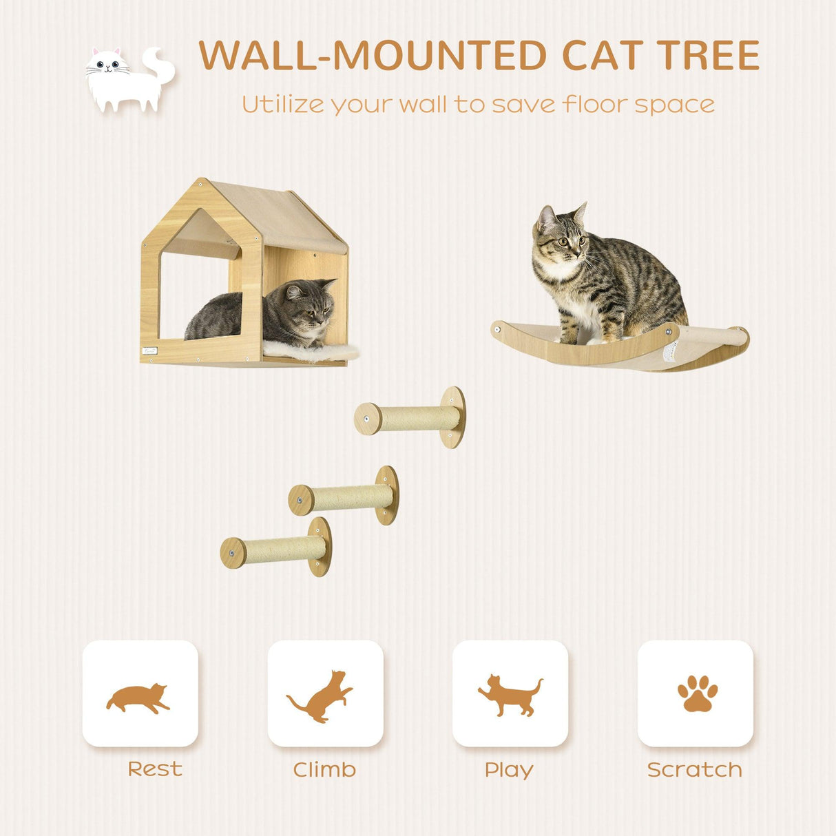 5-Piece Oak Cat Climbing Shelf Set - Cat Walls - Purr Wish