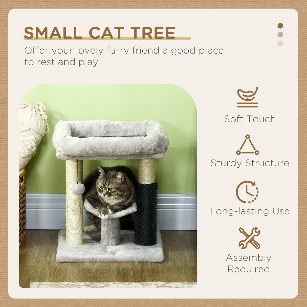 Cat Tree Tower with Self Groomer, Scratching Post, 48cm - Grey - Cat Trees - Purr Wish