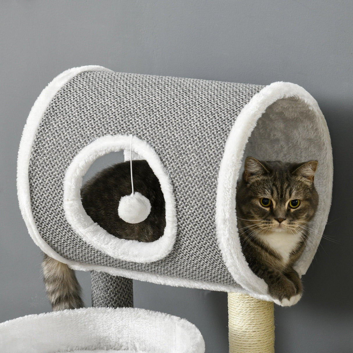 Cat Tree w/ Scratching Posts, Tunnel, Plush Bed, 73cm - Grey & White - Cat Trees - Purr Wish