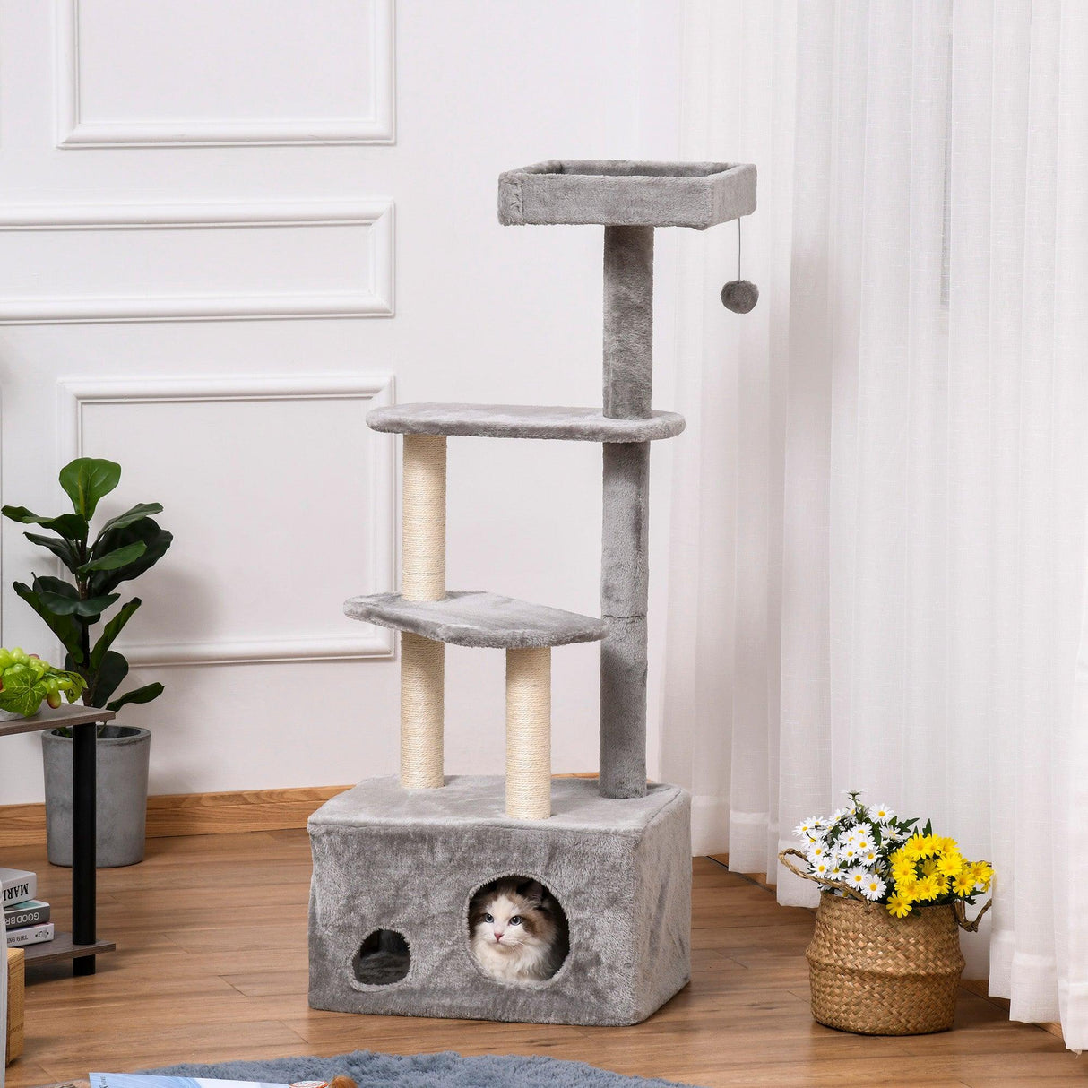 4-Level Cat Tower with Hanging Ball Toys, 125cm - Grey - Cat Trees - Purr Wish