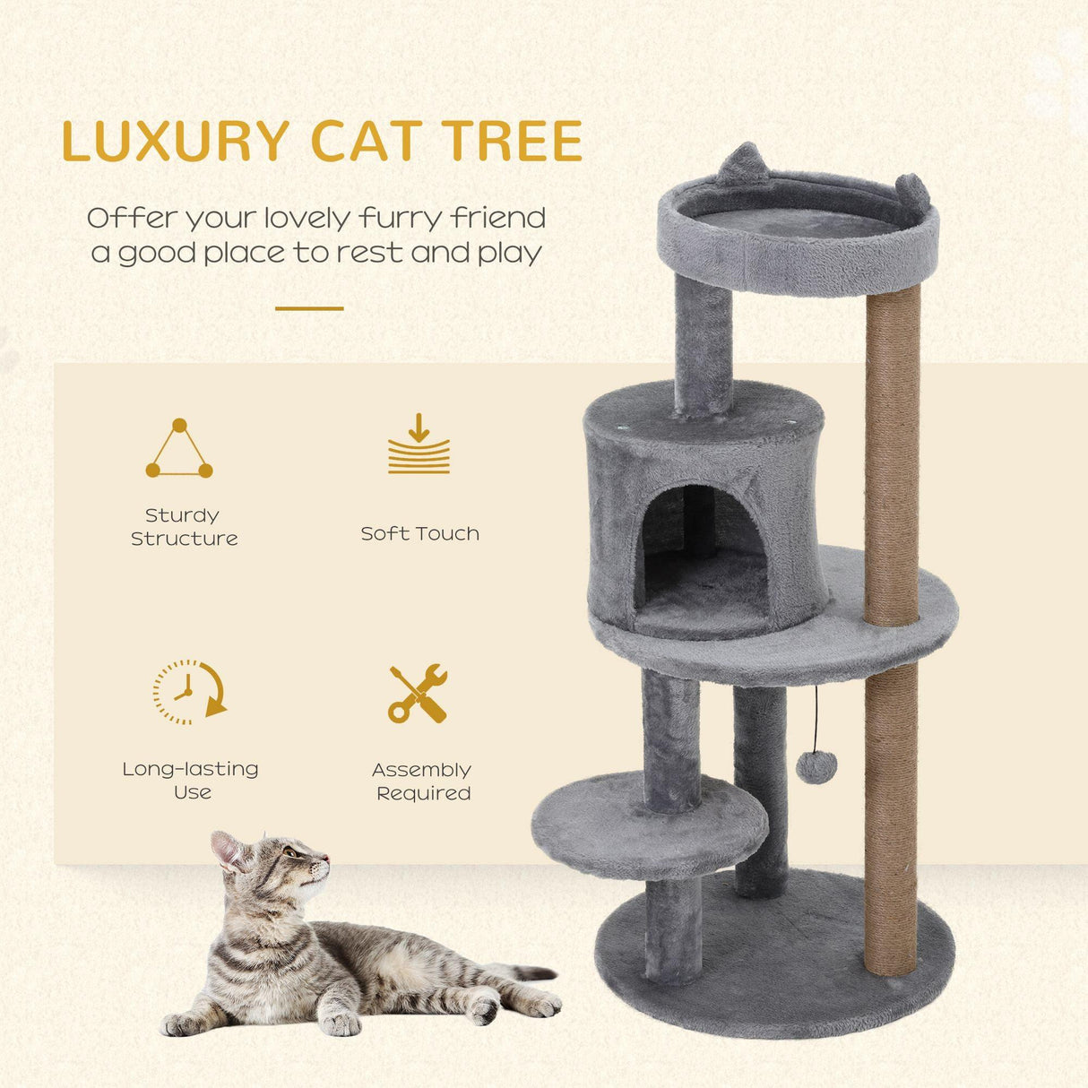 Deluxe 3-Tier Cat Condo Tower, 104cm - Grey - Cat Trees - Purr Wish