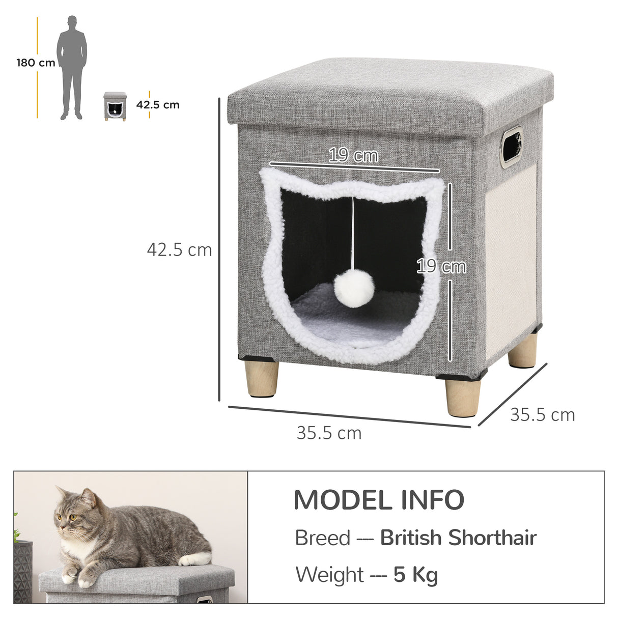Cat Bed Ottoman with Removable Cushion, Scratching Pad, Handles, Grey