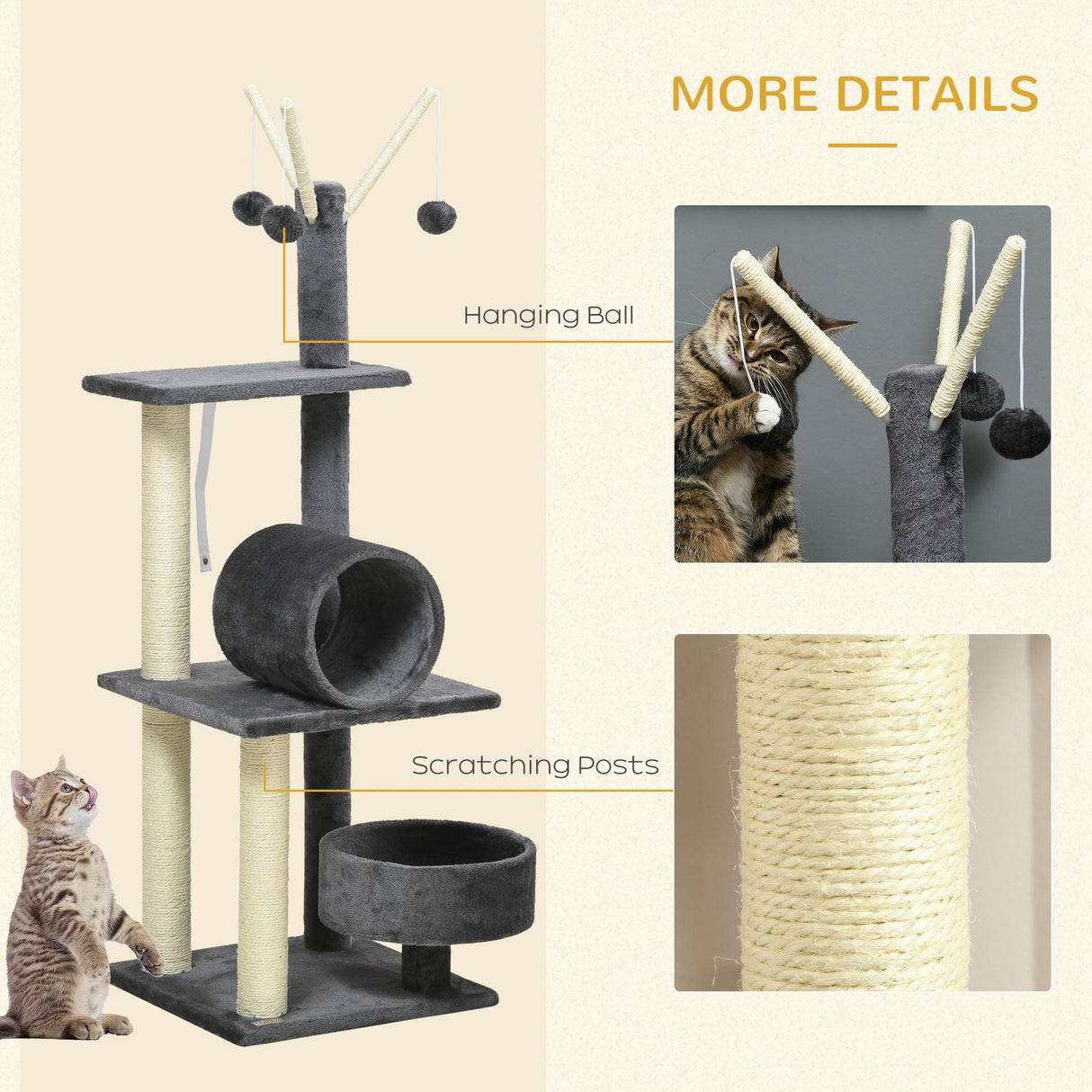 Multifunctional Cat Tree - Bed, Tunnel, Perch, Toy, 121cm - Dark Grey - Cat Trees - Purr Wish