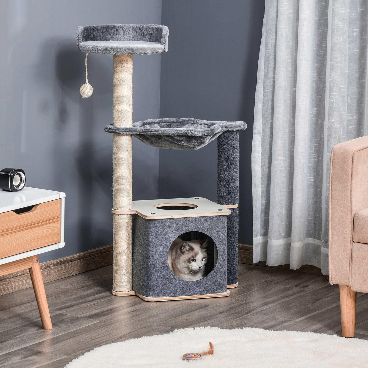 Cat Tree w/ Scratching Post, Condo, Hammock, 95cm - Grey - Cat Trees - Purr Wish