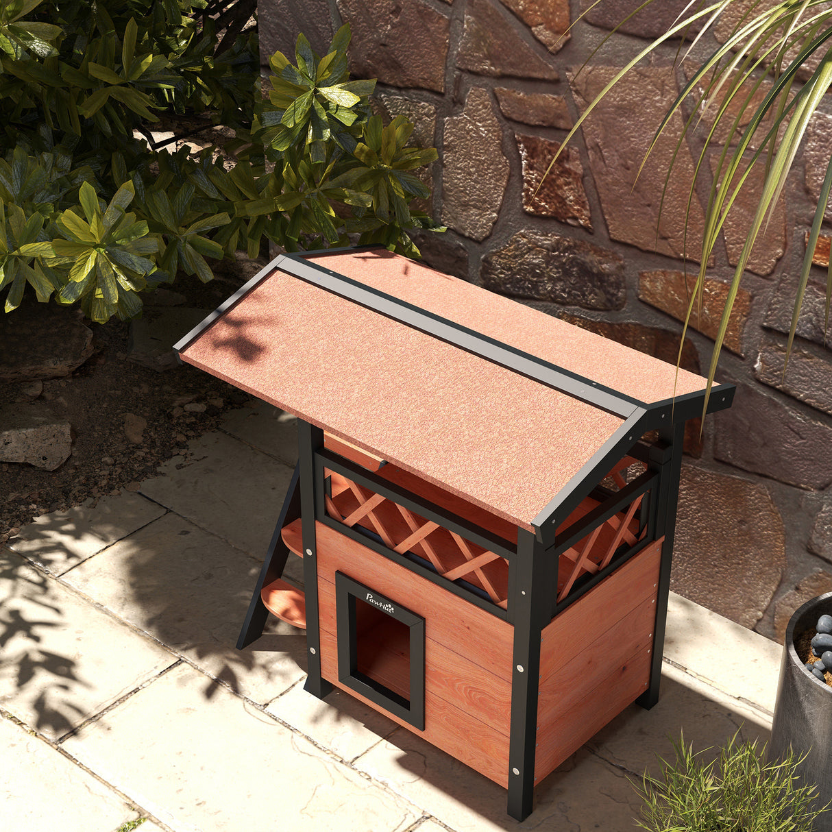 Cat House Outdoor with Balcony, Stairs, Roof - Brown