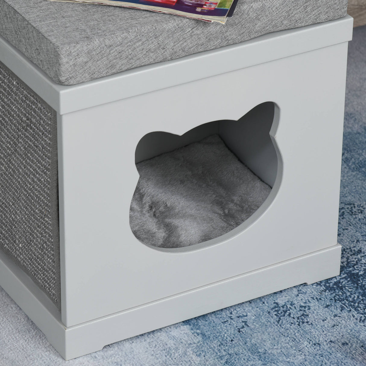Grey Cat Cave Bed with Removable Scratching Pads, 41 x 30 x 36cm