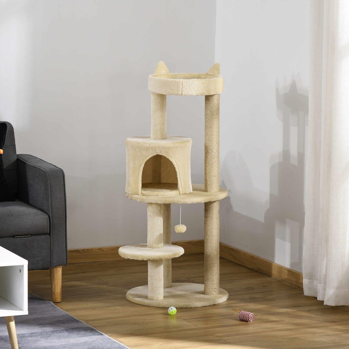 Deluxe Cat Tower, Scratching Posts, Condo, Ball Toy, 104cm - Beige - Cat Trees - Purr Wish