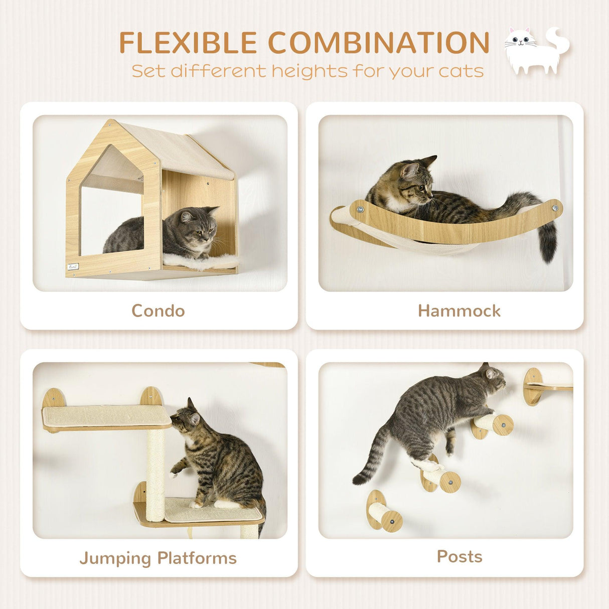 8-piece Cat Wall Shelves Set, Condo, Scratching Posts, for Indoor Cats - Cat Walls - Purr Wish
