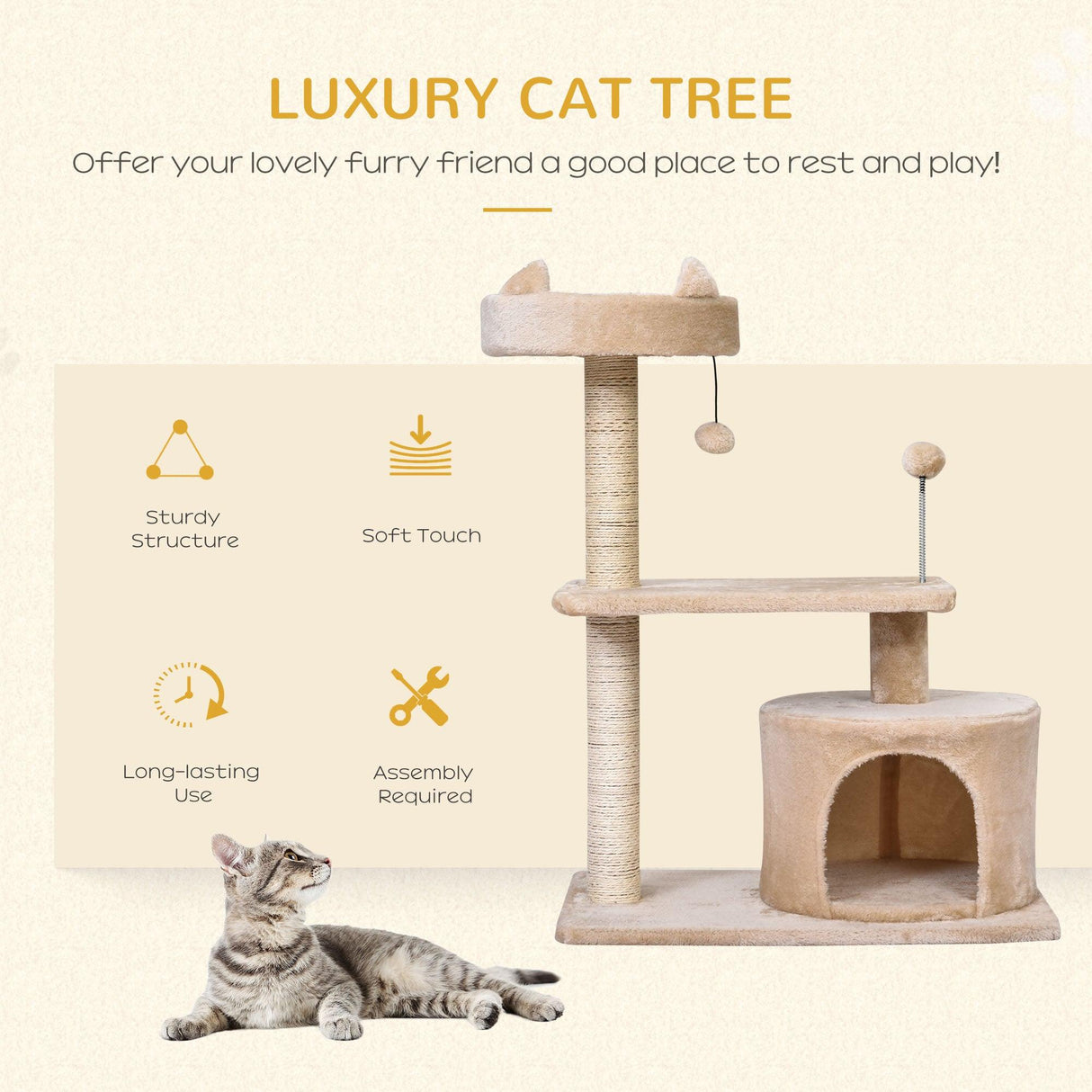3-Tier Cat Tower w/ Hide-Away House & Ball Toys - Beige - Cat Trees - Purr Wish