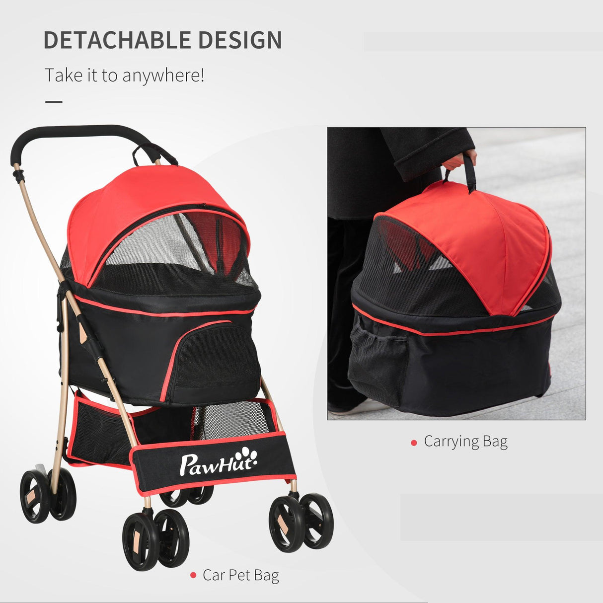 3-in-1 Cat Stroller - Carrier with Universal Wheel - Red & Black - Cat Carriers & Strollers - Purr Wish