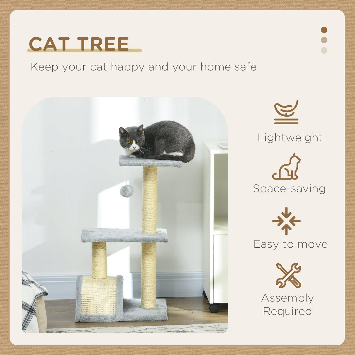 Multi-level Cat Tree with Sisal Scratching Post, 72cm - Light Grey - Cat Trees - Purr Wish