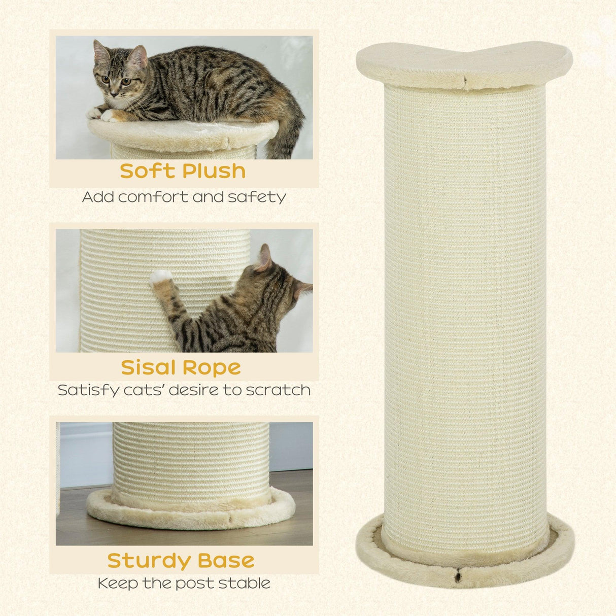Tall Cat Scratching Post with Sisal Rope, Soft Plush Cover, 85cm - Beige - Cat Scratchers - Purr Wish