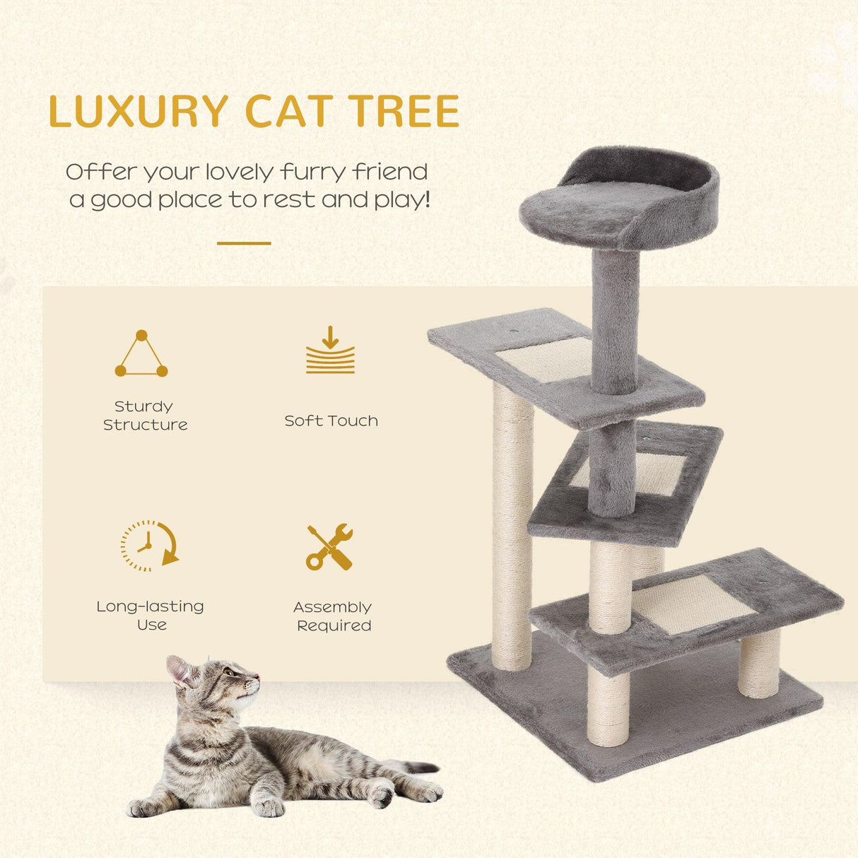 Multi-Level Cat Climbing Tower, 99.5cm - Grey - Cat Trees - Purr Wish