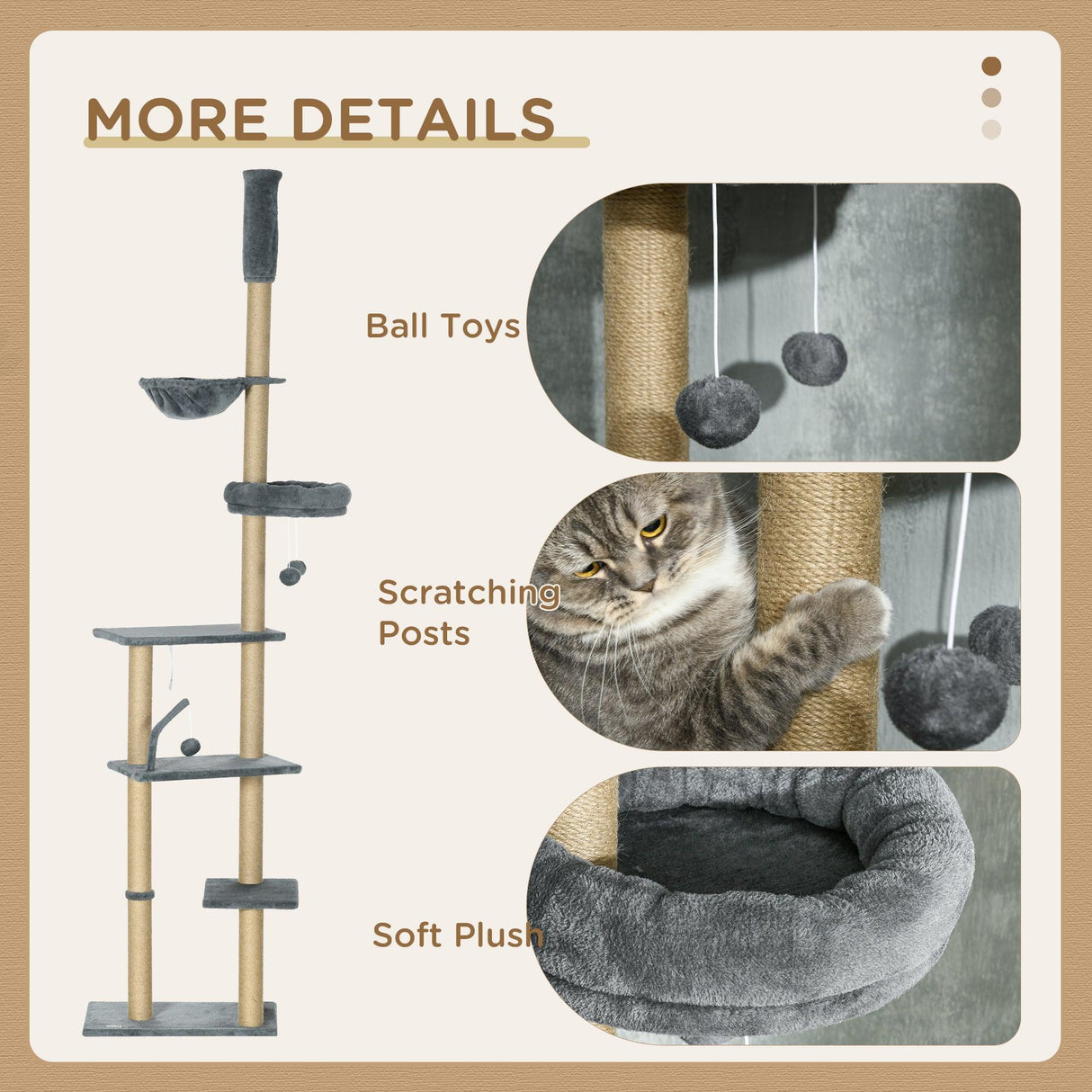 6-Tier Floor to Ceiling Adjustable Cat Tree, 230-250cm - Grey & Beige - Cat Trees - Purr Wish