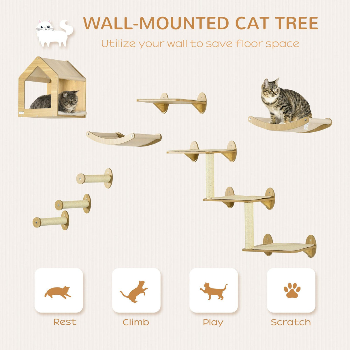 8-piece Cat Wall Shelves Set, Condo, Scratching Posts, for Indoor Cats - Cat Walls - Purr Wish