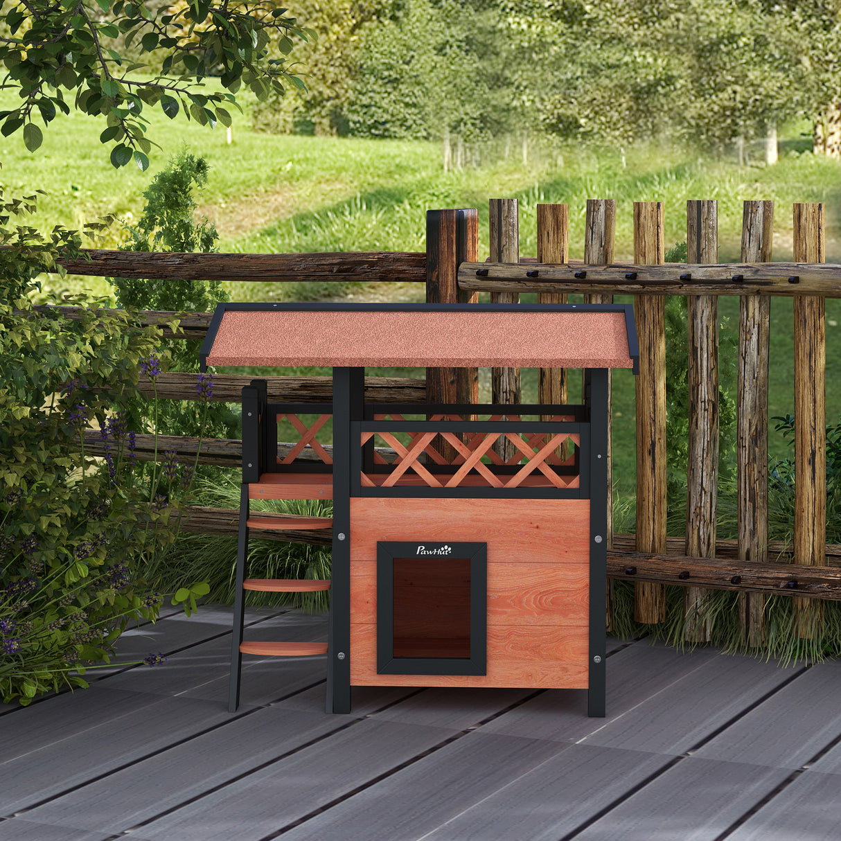 Cat House Outdoor with Balcony, Stairs, Roof - Brown