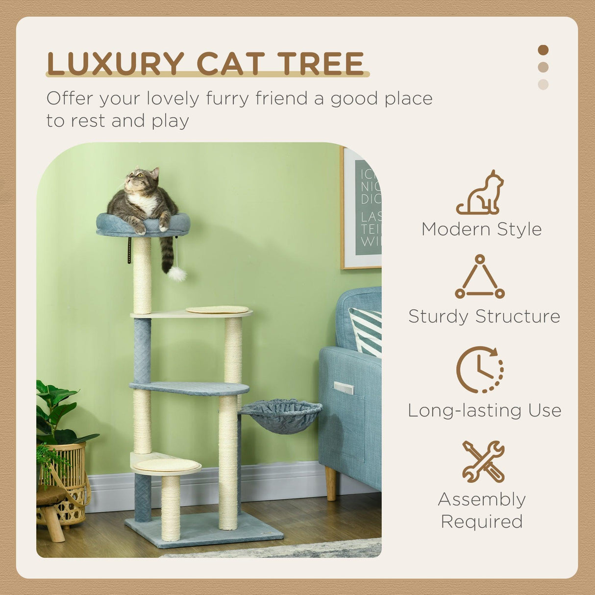 Indoor Cat Tree, Scratching Posts, Hammock, Cat Bed, 118.5cm - Grey Blue - Cat Trees - Purr Wish