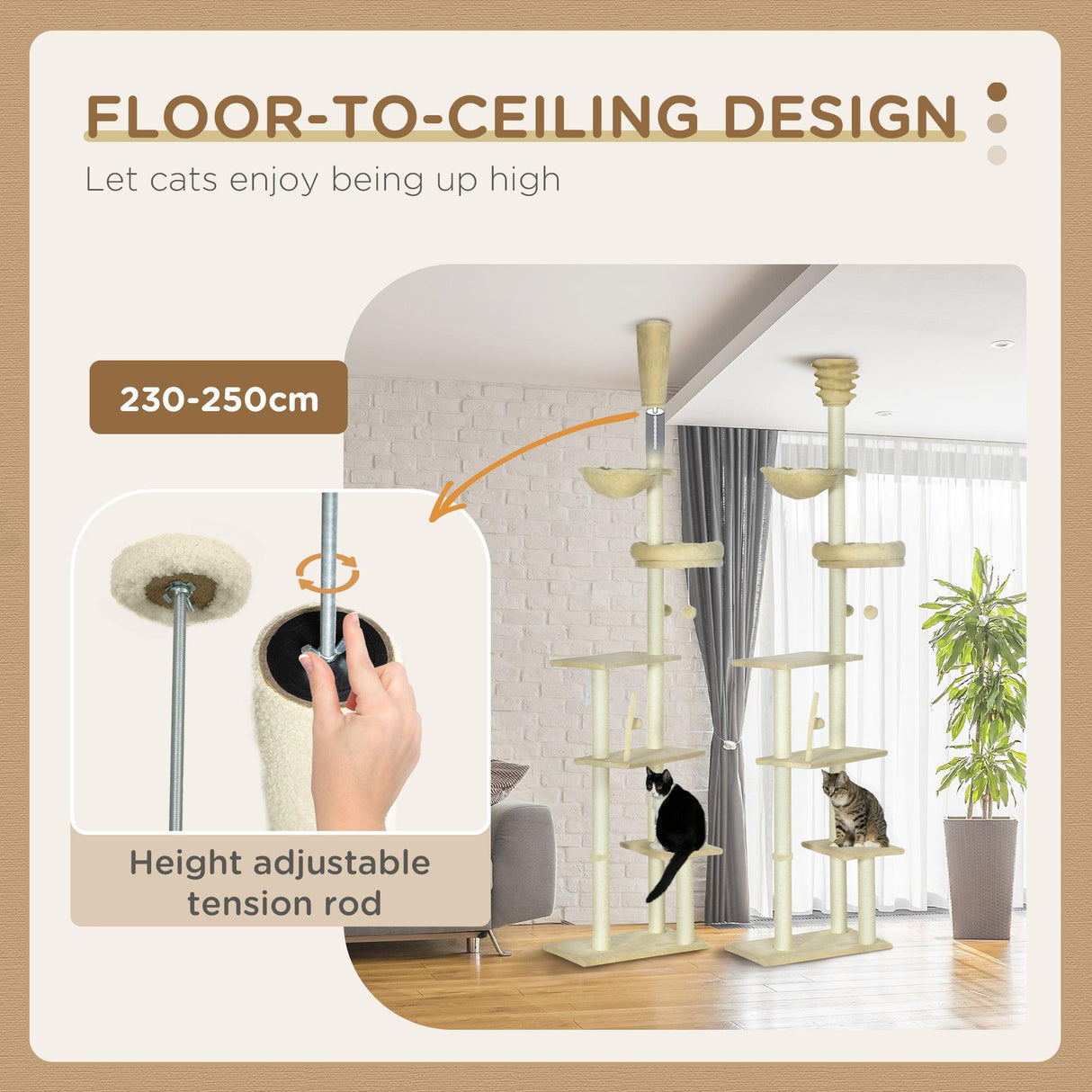 6-Tier Floor-to-Ceiling Adjustable Cat Tree, 230-250cm - Beige - Cat Trees - Purr Wish
