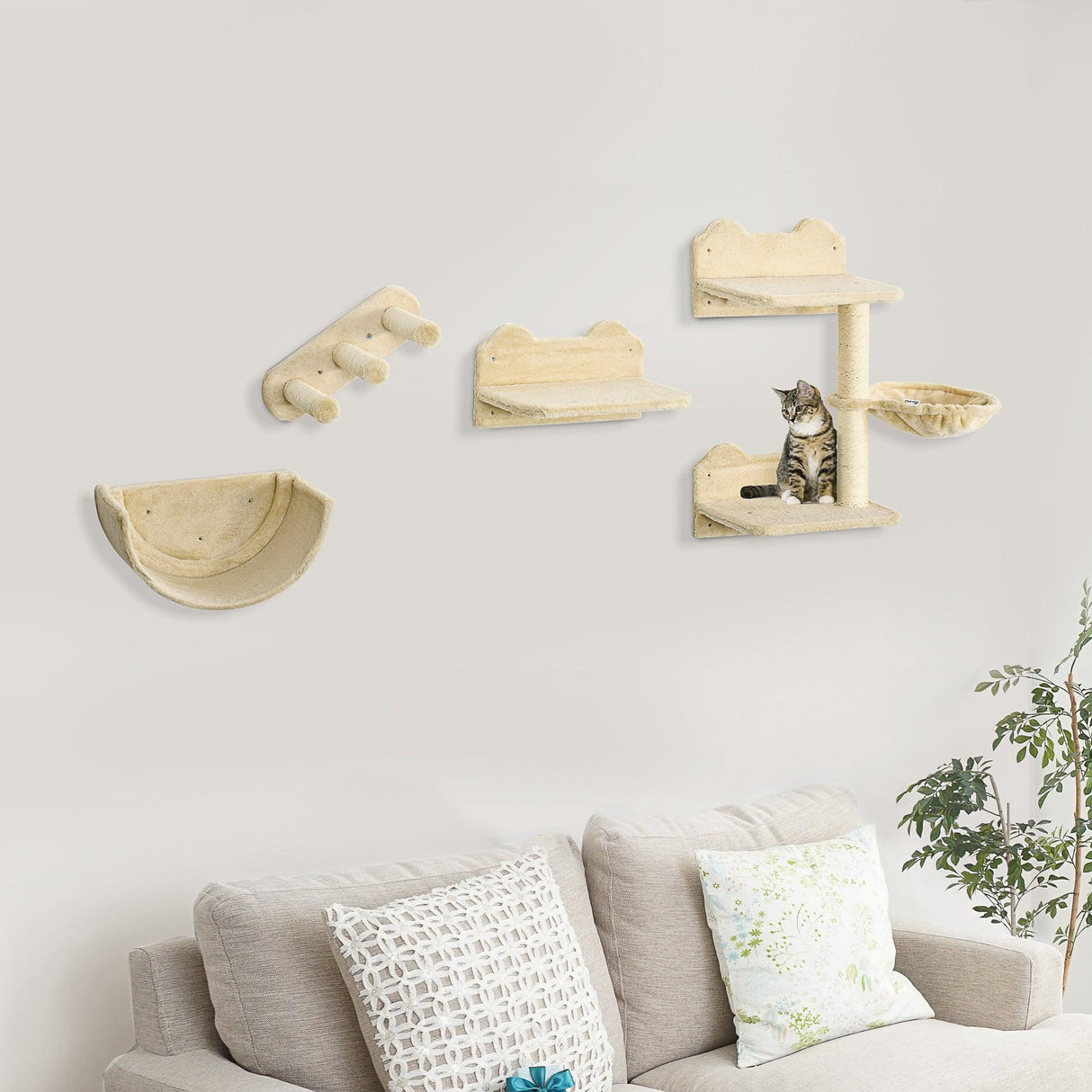 4-Piece Wall-mounted Cat Climbing Shelves Set, Beige - Cat Walls - Purr Wish