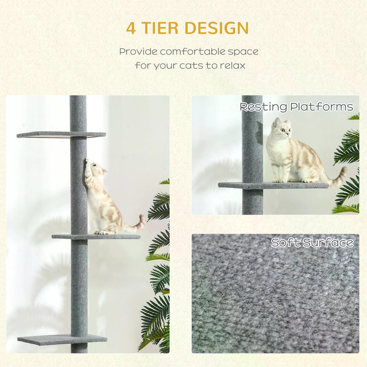 Floor-to-Ceiling Cat Tree with 3 Perches, 228-260cm - Grey - Cat Trees - Purr Wish
