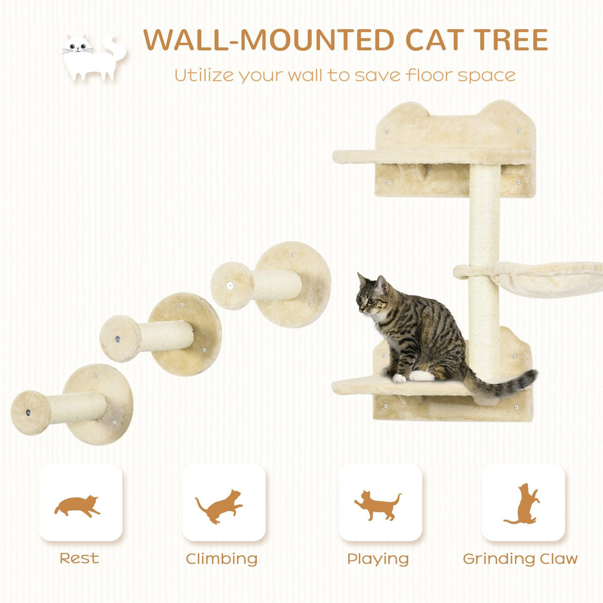 4-Piece Wall-Mounted Cat Shelf Set - Hammock, Platforms, Scratching Post, Beige - Cat Walls - Purr Wish