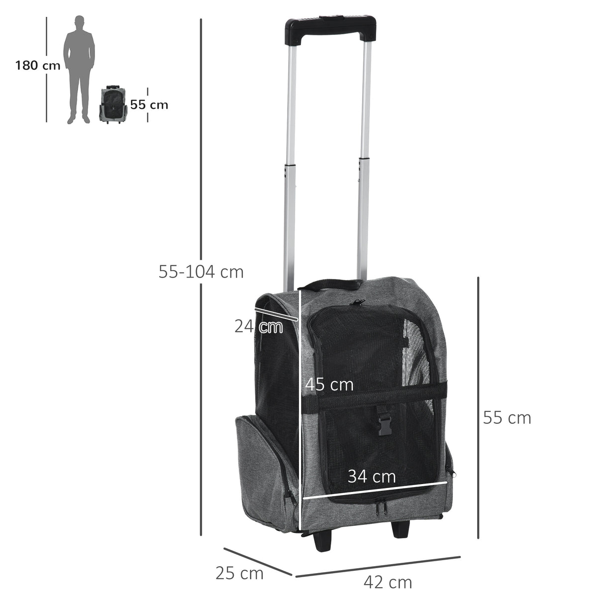 2-In-1 Pet Carrier Backpack with Trolley Portable Travel Bag Grey