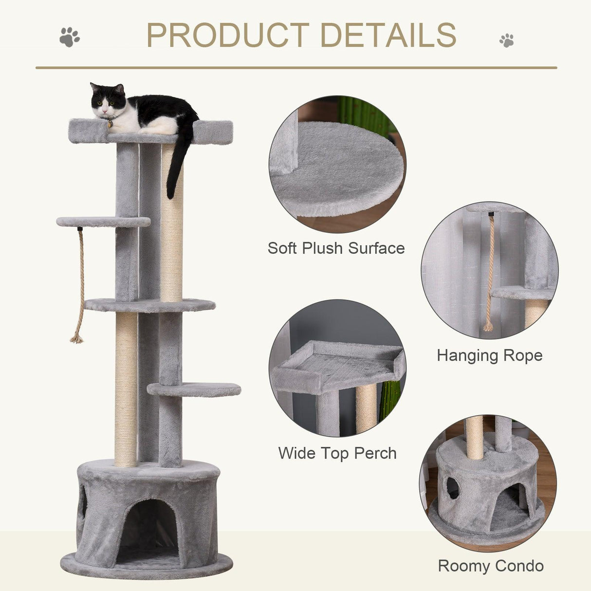 Multi-Level Cat Tower with Hanging Ropes, 150cm- Grey - Cat Trees - Purr Wish