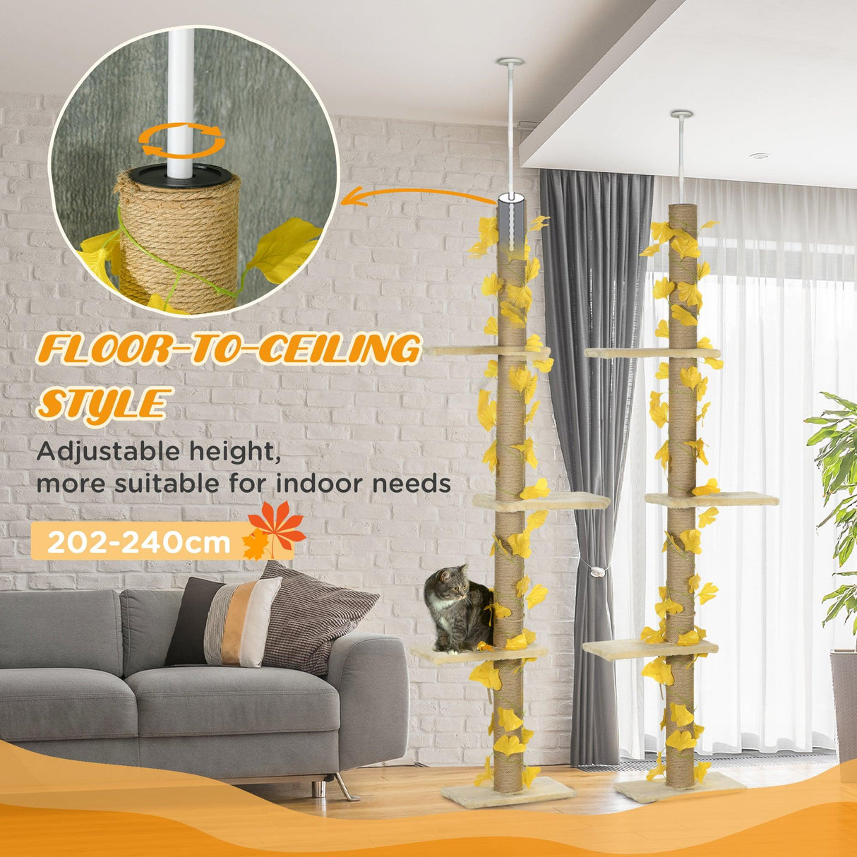 3-Tier Height Adjustable Cat Tree, 202-242cm - Beige & Yellow - Cat Trees - Purr Wish